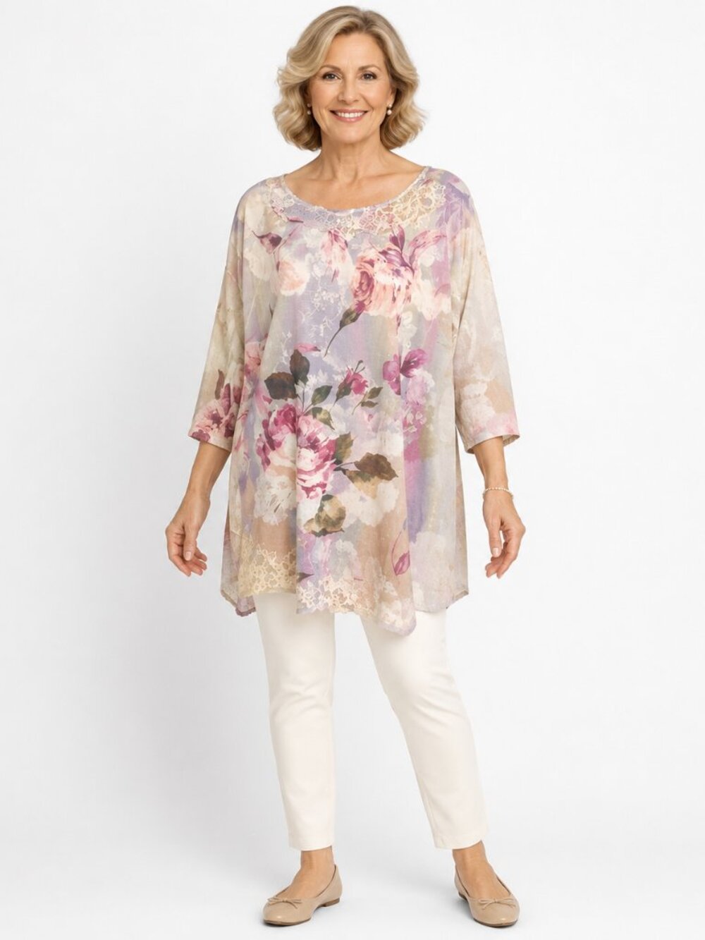 Christopher & Banks Floral Lace Tunic Top Romantic Cottagecore 3/4 Sleeve Sz XL
